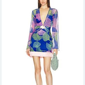 Airy, Deep V PatBo Ocean Leaf Dress w/ hand-sewn pale pink fringe. So breezy!